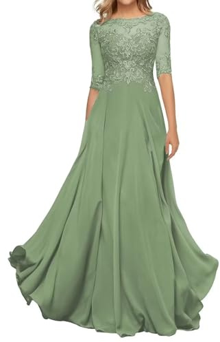 HYEC7 Women's Lace Appliques Mother of The Bride Dresses 3/4 Sleeve Long Formal Evening Dresses A Line Prom Dress Sage Green