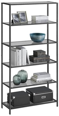 VASAGLE Regal mit 6 Ablagen, Badregal, gehärtetes Glas, einfache Montage, für Badezimmer, Wohnzimmer, Küche, Büro, tintenschwarz-schiefergrau LGT503G01
