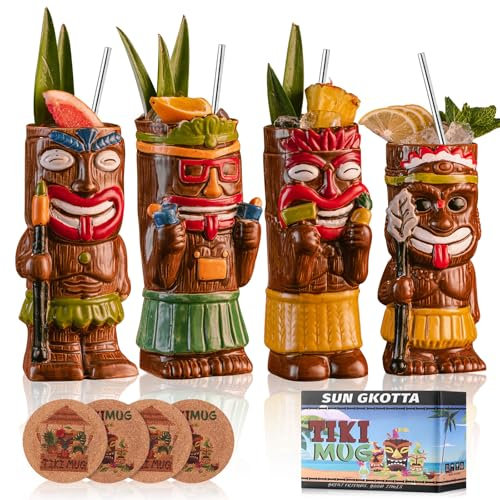 SUN GKOTTA Cocktail-Tiki-Tassen, exotische Tasse mit 4 Untersetzern und 4 Strohhalmen, niedliche Keramik-Cocktailgläser im hawaiianischen Stil für Party und tropische Tiki-Bar, Mai Tai Trinkgeschirr