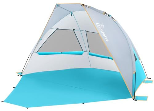 WolfWise Strandmuschel mit UV-Schutz 50+, 6-7 Personen Strandzelt, Sonnenschutz Windschutz mit erweiterbarem Boden Baby Sonnenzelt Automatik Tragbar Mini-Packmaß für Familie Camping Garten Strand Blau