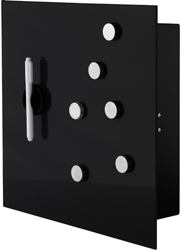 BALOU Schlüsselkasten modern mit Glas Magnettafel - Memoboard magnetisch mit 6 Magneten und Stift - Schlüsselschrank groß mit 20 Haken 33x33x6,8cm schwarz