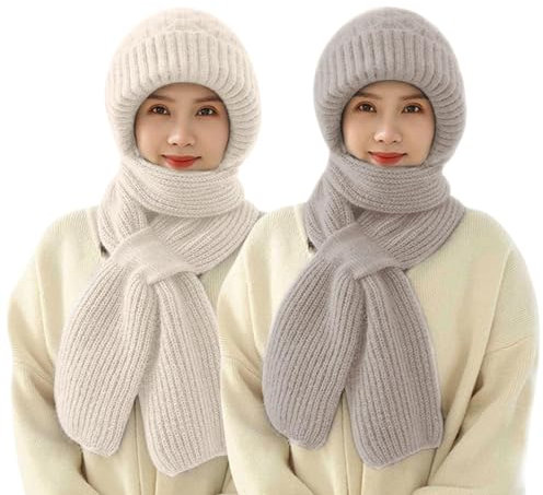 Shujin Integrierter Gehörschutz Winddichte Mütze Schal, Verdickter Warmer Einteiliger Hutschal, Damen 2 in 1 Mützenschal Strickmütze Winter Kapuzenschal für Frauen,Beige+Hellgrau