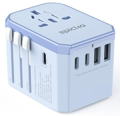 EPICKA Adattatore Universale da Viaggio 30W, Adattatore Presa Universale da Viaggio, Adattatore Giappone da Viaggio con 3 USB-C, 2 USB-A, Adattatore Spina per Italia USA UK Australia, Blu