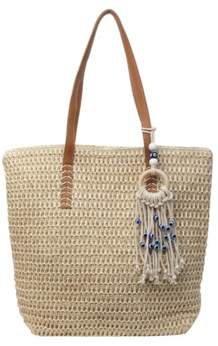 TIAASTAP Groß Strohtaschen mit Reißverschluss Sommer Boho Strandtasche Stroh Handtasche Geflochtene Korbtaschen Basttasche mit Leder Schultergurt für Strand Reise Einkauf