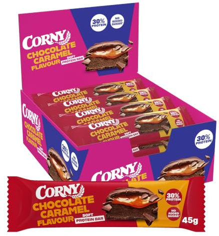 Corny Soft Barrette Proteiche Cioccolato e Caramello, 12x45g | Ricca di proteine, senza zuccheri aggiunti, snack proteico, post workout, palestra, colazione fit, con edulcoranti
