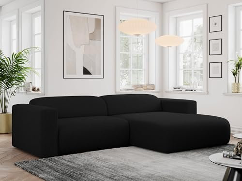 MKS MEBLE Ecksofa, Sofa L-Form, Wohnlandschaft L-Form, Modern Design Couch, Sofagarnitur, Couchgarnitur, Polsterecke - Pasadena -Schwarz Boucle - rechts Seite