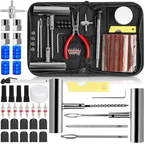 NCKIHRKK Kit Antipinchazos Coche, 82 Piezas Kit Reparación de Neumáticos, con 20 Mecha Pinchazos, 1 Manómetro Presión, Kit Repara Pinchazos Coche per Coche Moto Tractores Camiones MTB