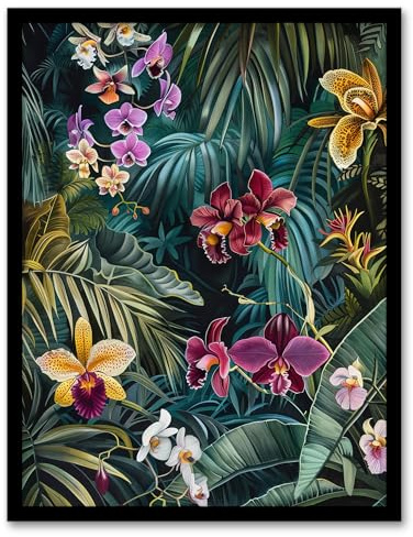Artery8 Exotic Orchids in Jungle Painting Wild Floral Living Room Artwork Framed Wall Art Print 18X24 Inch