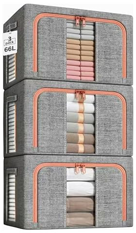 ZenCasa | 3 Scatole per Armadio Rigide con Cerniera da 66L, 3 Contenitori per Armadio Salvaspazio, Organizer Armadio con Struttura in Metallo Pieghevole con Maniglie Rinforzate (3 Grigie, 66L)