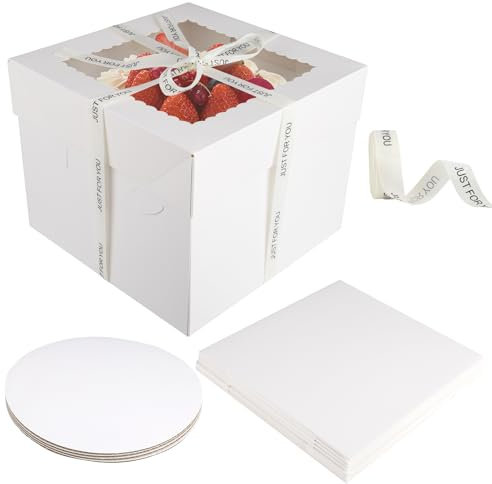 4 Pezzi Scatola per Torta, Scatole per Dolci in Cartone Bianca, Scatole per Torte con Finestre, 25,4 x 25,4 x 20,3cm Scatola per Torte con Base per Torta e Nastro per Compleanni, Feste