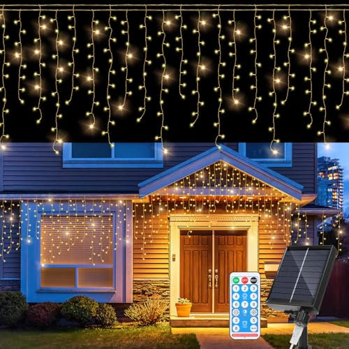Daromigo Solar Eisregen Lichterkette Außen 5m Warmweiß 198LEDs lichterketten Eisregen mit batterie & fernbedienung für Terrasse Garten Weihnachten Hochzeit Party Beleuchtung
