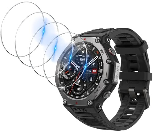 Funrae Protector de Pantalla para Amazfit T-Rex 3 [4 piezas], Cristal Templado Protective Film [No Burbujas] [Anti-Arañazos] HD 9H Vidrio Templado Saver