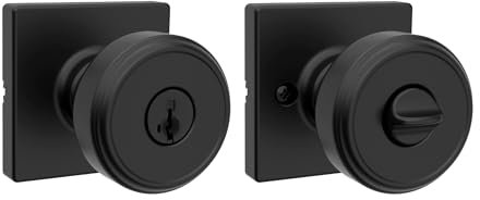 Kwikset Maven Entry Door Knob with Lock and Key, Secure Keyed Handle Exterior, Square Front Entrance and Bedroom, Matte Black, Pick Resistant SmartKey Rekey Security and Microban