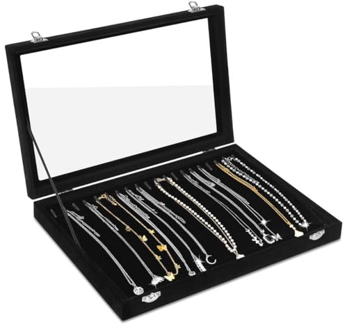 Jewellery Box, 20 Hooks Velvet Necklace Organiser, Necklaces Display Stand with Clear Lid, Necklace Holder Box, Lockable Jewellery Organiser for Necklace, Black Necklace Box for Women Girls (Black)