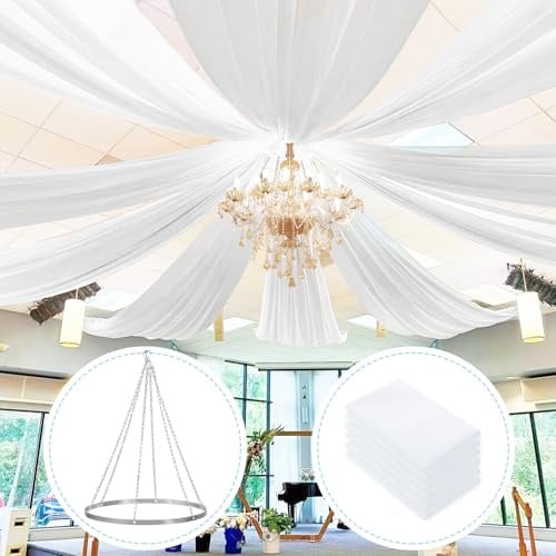 FUHSY Ceiling Drapes with Hanging Kit Chiffon Ceiling Drapes for Weddings 6 Pack 5ft x 10ft White Arch Draping Fabric Ceiling Curtain Décor for Tent Parties Events Includes Metal Ceiling Hanging Hook