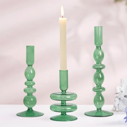 Glasseam Grün Kerzenständer Stabkerzen, Kerzenhalter Stabkerze, 3er Set Stabkerzenhalter, Chic Kerzenständer Glas für Haus Tisch, Kerzen Ständer Kerzenhalter Weihnachten für Wohnzimmer Esstisch Deko