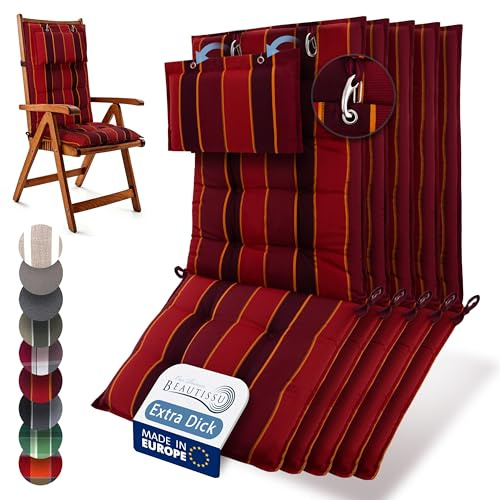 Beautissu 5er Set Premium Hochlehner Auflage Kopfpolster rutschfest Stoff | 120x50cm 8cm dick Rot gestreift robuster UV-Lichtechtheit 5 Gartenstuhlauflage Polster Befestigungsbänder Robust Sun-HL