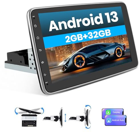 Hexinex Android 13 Radio Coche 1 DIN Universal con Pantalla Táctil y Giratoria de 10 Pulgadas, con CarPlay/AndroidAuto/Mirror Link, WiFi/GPS/Bluetooth/RDS/USB/FM/Mandos del Volante y Cámara Trasera