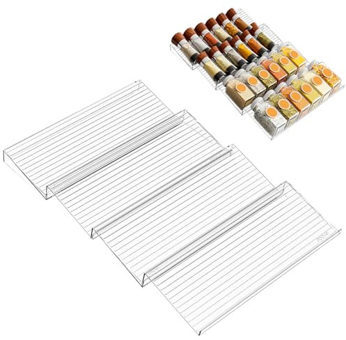 xyuayamz Porta Spezie da Cassetto, Portaspezie da Cassetti, Spice Rack Cassetto Estensibile da 27 a 55cm, Portaspezie Salvaspazio per Cucina Piano di Lavoro Armadio, Acrilico, 4 Pezzi, Trasparente