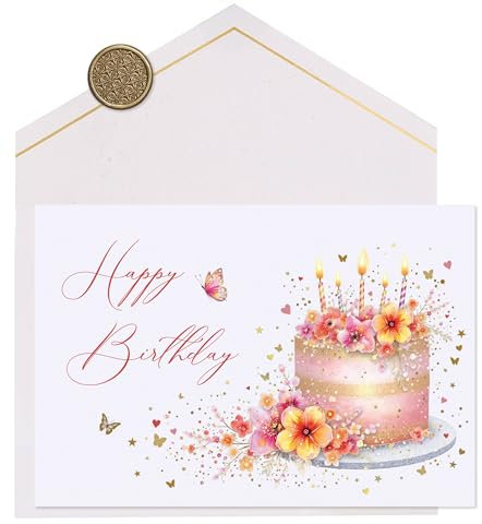 Joli Coon Papeterie Geburtstagskarte Happy Birthday STARDUST Pink Cake - Premium Geburtstagskarte mit FinePaper Kuvert und echtem Wachssiegel