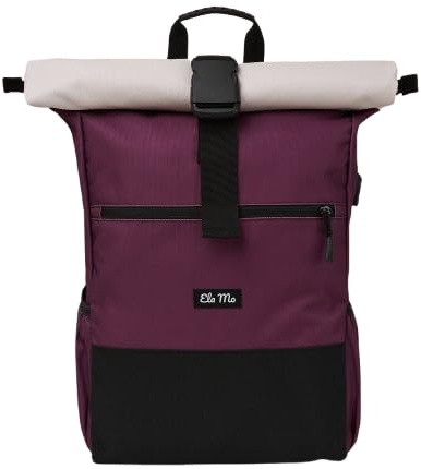 Ela Mo® Rolltop Rucksack Damen - Rollrucksack Anti Diebstahl für Sport & Reisen - Laptoprucksack für Schule, Uni, Business - Mit USB Anschluss & kompaktem Flaschenhalter - Grape