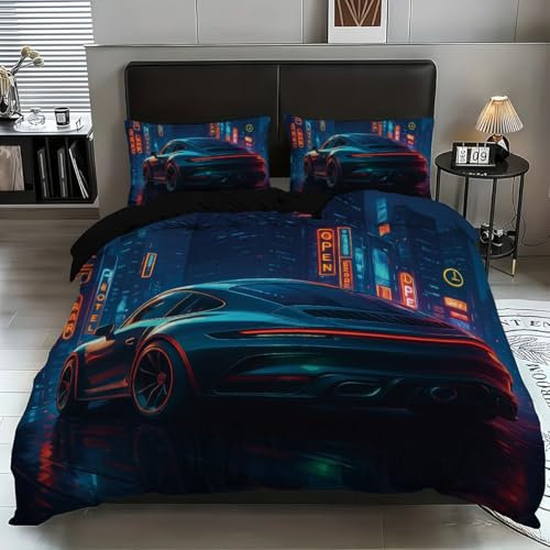KIOSQUE Bettwäsche car Bettbezug Kissenbezug 135×200 cm Kissenbezug mit Reißverschluss 80×80 cm, Luxus Bettwäsche Set Geschenk für Jungen (a,v,200x200cm+75x50cm)