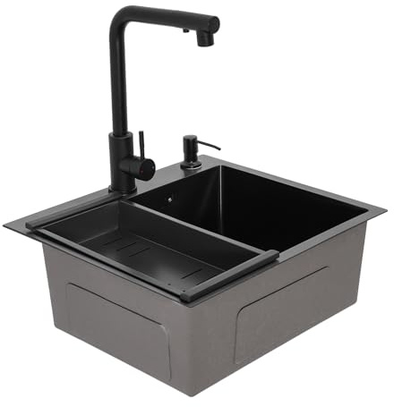 Spülbecken Schwarz 50x45 cm, Spülbecken 1 Becken, Küchenspüle Edelstahl Eckig, Waschbecken Küche Klein Einbauspüle, Edelstahlspüle mit herausziehbarem Wasserhahn, Abtropfkorb, Seifenspender