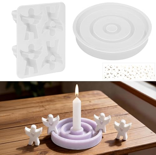 4 Silikonform Engel mit Herz 1 Runde Silikonformen Kerzenhalter mit Dekorative Aufkleber, Gießform Engel/Kerzenhalter Weihnachten, Gipsformen zum Gießen, Gießformen für DIY-Kerzen/Seife/Gips/Basteln