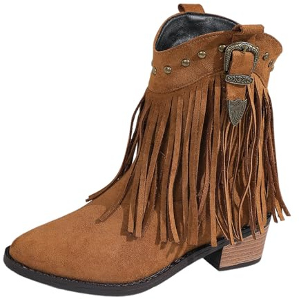 Stivali da cowboy da donna in pelle scamosciata con frange, tacco a blocco, da cowgirl, per carnevale, da donna, in pelle, per feste occidentali