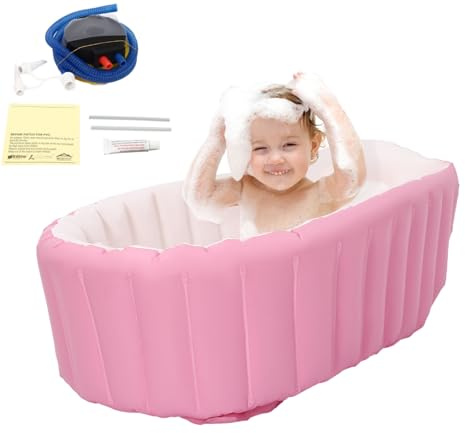 Aufblasbare Baby Badewanne mit Luftpumpe 77x40x25cm Tragbar Faltbar Badewanne PVC Bathtub Rutschfest Säugling Babybadewanne Mini Luft Schwimmbad mit Reparaturset für 0-3 Jahre (Rosa)
