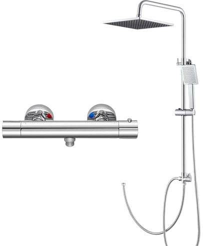 DERW Adjustable Shower Kit with Thermostatic Shower Mixer Valve, 10 Square Rainfall Shower Head, Anti-Scald Safe Temperature Control, Easy Install, Leak-Proof, Modern Bathroom Upgrade (Chrome)