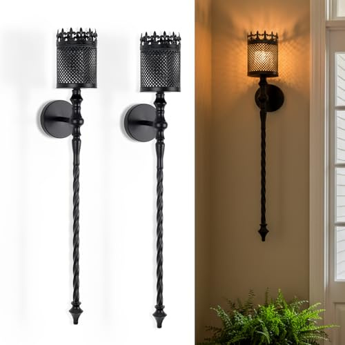 We Moment Zone 2 Stück Lange Kerzenhalter Wand,76cm Hängende Metall Wandkerzenhalter für Wanddeko Schwarz Gothic Wandhalterung Kerzenständer Deko