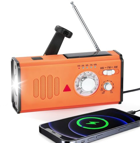 Radio a Manovella di Emergenza con Power Bank 4000mAh, Radio Solare Portatile AM/FM/WB, Carica USB-C,Torcia LED e Allarme SOS lampi rossi e blu per Campeggio e Escursioni（Arancione）