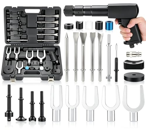 Set of 25 Pneumatic Air Hammer Chisel Set Heavy Duty Air Hammer Kit Multifunctional Ball Joint Separator Tie Rod & Bushing Removal Tool Kit for Automotive Repair 2100 BPM 90 PSI