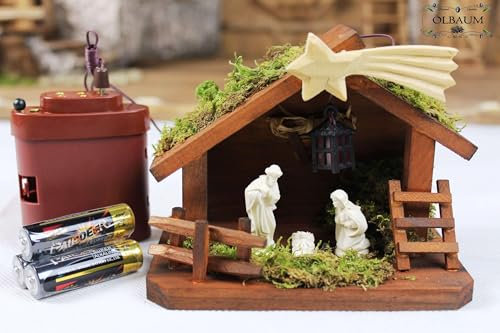 ÖLBAUM Weihnachtskrippe + 3-TLG. Premium-Krippenfiguren, inkl. Beleuchtungsset, Beleuchtung MIT roter Laterne, LED, Batteriefach MIT Schalter - Komplettset Weihnachtskrippe