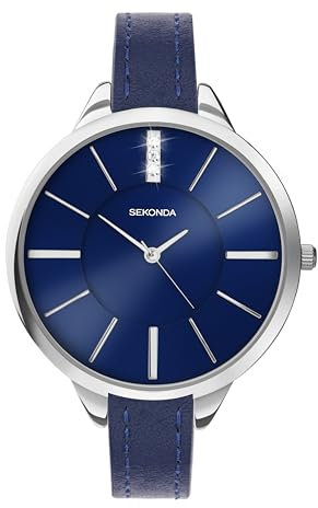 Sekonda Ada 39mm Women's Quartz Watch Three Hand with Stone Set Blue Sunray Dial Analogue Display and Leather Strap