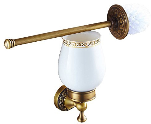 Antique Brass WC Toilet Cleaning Brush + Wall Mounted Holder with Ceramics Cup