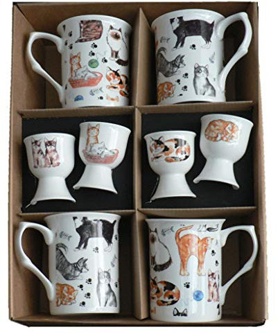 Cats & Kittens Bone China Mugs with Matching Egg Cups - Set of 4 Gift Boxed 10oz China Mugs & 4 eggcups Each Decorated with Fun Cats and Kittens