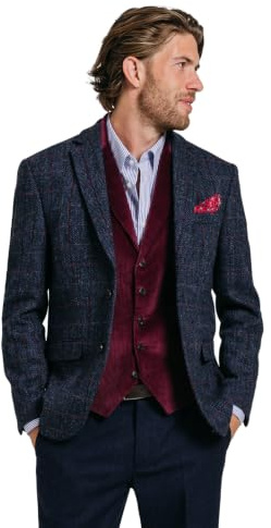 Harris Tweed Mens Dark Blue Windowpane Check Jacket Regular Fit 100% Wool