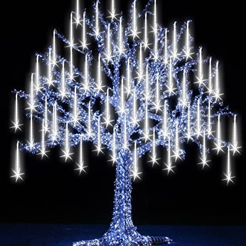 Grandisk Meteor Lights LED Meteor Shower Lights with 8 Tubes 192 LEDs Falling Rain Drop String Lights Waterproof Icicle Snow Fall String Lights for Christmas Tree(8 Tubes,White)