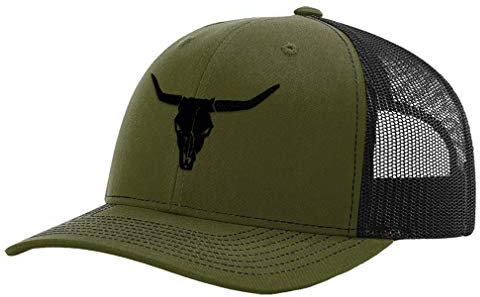 Benutzerdefinierte Richardson Trucker Hut Kuh Schädel Eine Stickerei Polyester Baseball Cap, Loden Black Design Only, Einheitsgröße