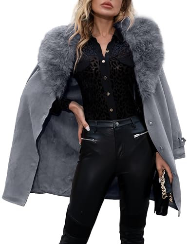 Giolshon Veste Longue en Cuir Imitation Daim pour Femmes, Vêtements D'hiver Trench-coat à la Mode Ceinturé pour Motard avec col en Fourrure Amovible FF20 Gris M