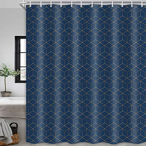 Rideau de douche bleu marine de qualité hôtelière - Motif géométrique bleu et doré - Ensemble de rideaux de douche moderne bohème chic - Accessoires de salle de bain - 175 x 178 cm