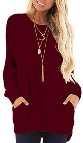 AUSELILY Langarmshirts, Damen, Rundhals-T-Shirts, legere Blusen mit Taschen, Burgunderrot, M