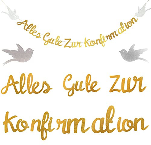Kommunion Girlande Alles Gute zur Konfirmation Banner Girlande Gold Glitzer Deko Taufe Konfirmation Papiergirlande Dekobanner Hängedeko für Taufe Party (Gold)