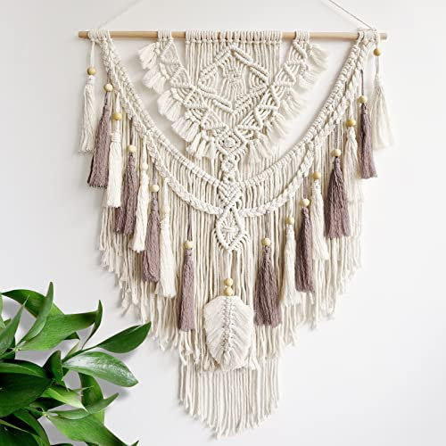lokeisna Tapiz de macramé para colgar en la pared, tejido beige y rosa polvorienta, hecho a mano, decoración de pared, galería y guardería, tamaño 95 cm de largo x 27.5 pulgadas de ancho
