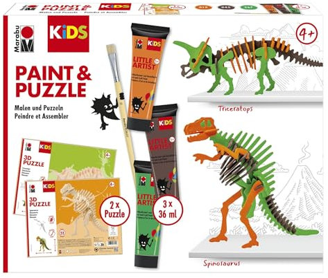 Marabu KiDS Little Artist, 3D Puzzle Set, Motiv Dinosaurier, Bastelset für Kinder ab 4 Jahren mit 2 x 3D Holzpuzzle, Pinsel, 3 x 36 ml Farbe, auswaschbar, vegan, Made in Germany, 0305000000110