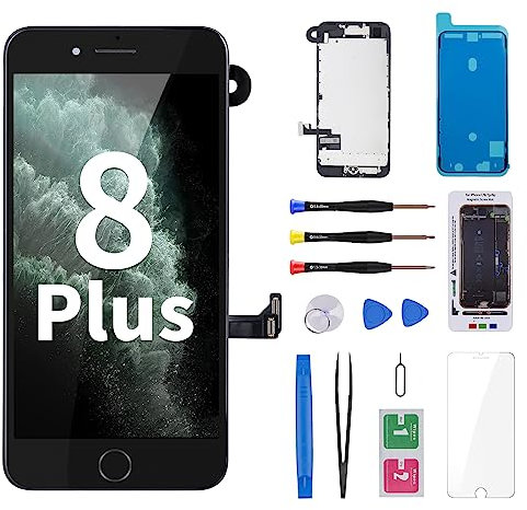 Ersatzbildschirm für iPhone 8 Plus mit Home-Taste, Schwarz, Reparatur-Set, 3D-Touch-LCD-Display, Digitizer, vollständige Montage mit Frontkamera, Ohr-Lautsprecher, Sensor, Glasfixwerkzeug, 8 Plus, 14