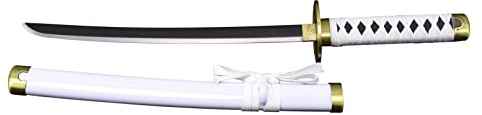 Katana S5053 Shusui Wado Ichimonji von Zoro aus One Piece - inoffizielle 45 cm Lange Replik mit schwarzer Stahlklinge und satiniertem Schnitt, Griff mit weißer Umwicklung und Ständer