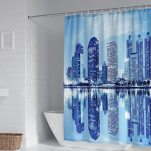 Banemi Rideau de Douche Moderne, Rideau de Douche Tissu Bleu Clair Immeubles de Grande Hauteur Rideau de Douche Élégant 165X180cm